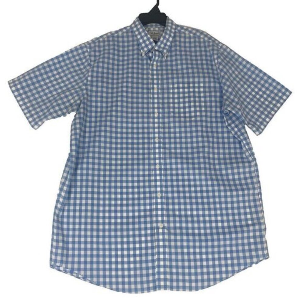 LL Bean Button Up Shirt Mens Size L Tall Blue Striped Short Sleeve 100% Cotton